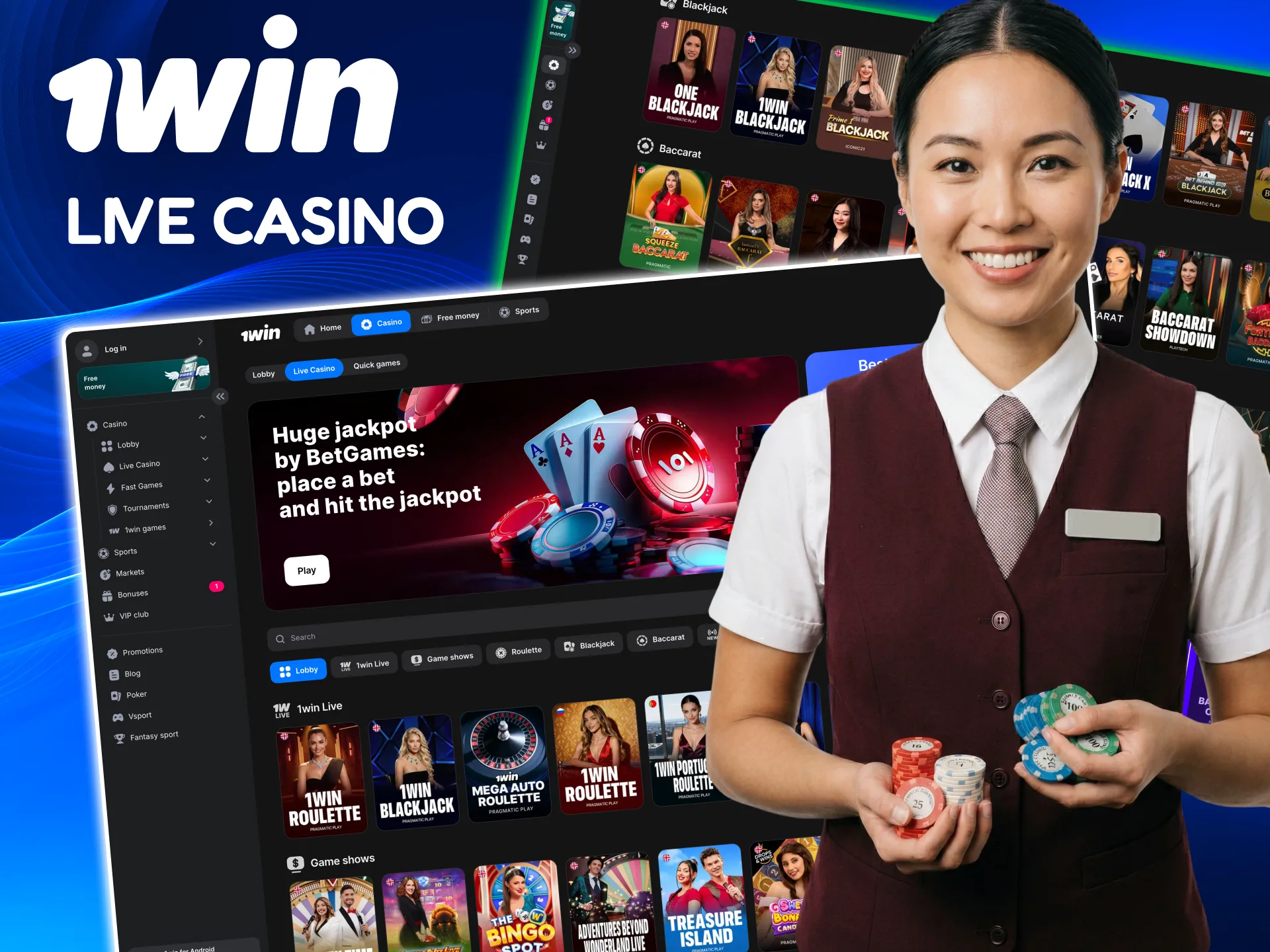 1win live tables offering poker, baccarat, roulette and interactive game shows.