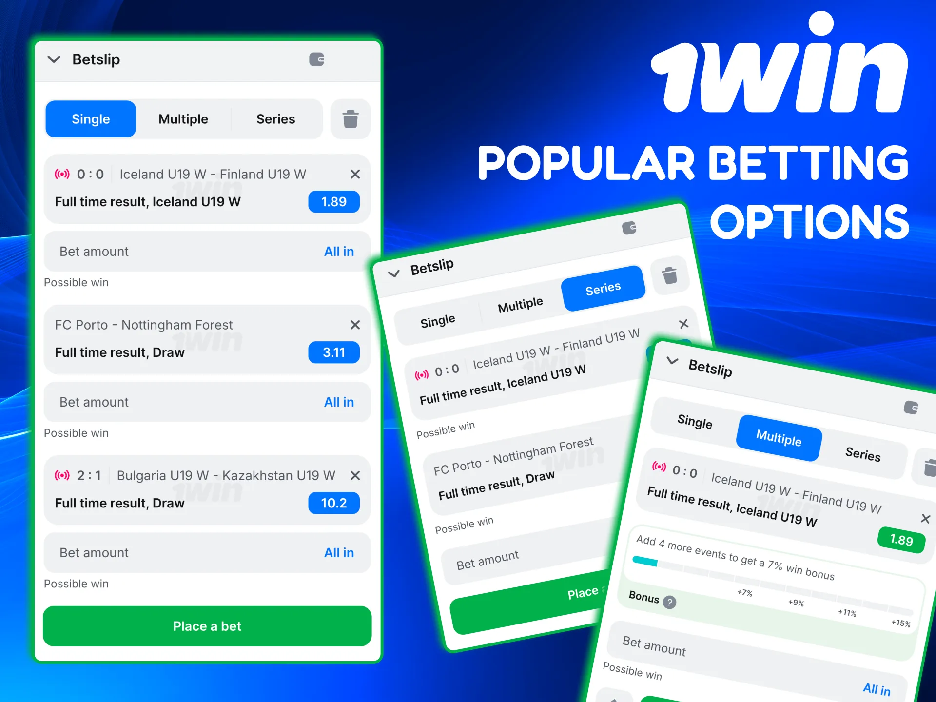 1win betting options including multi live, prematch lines and live odds.