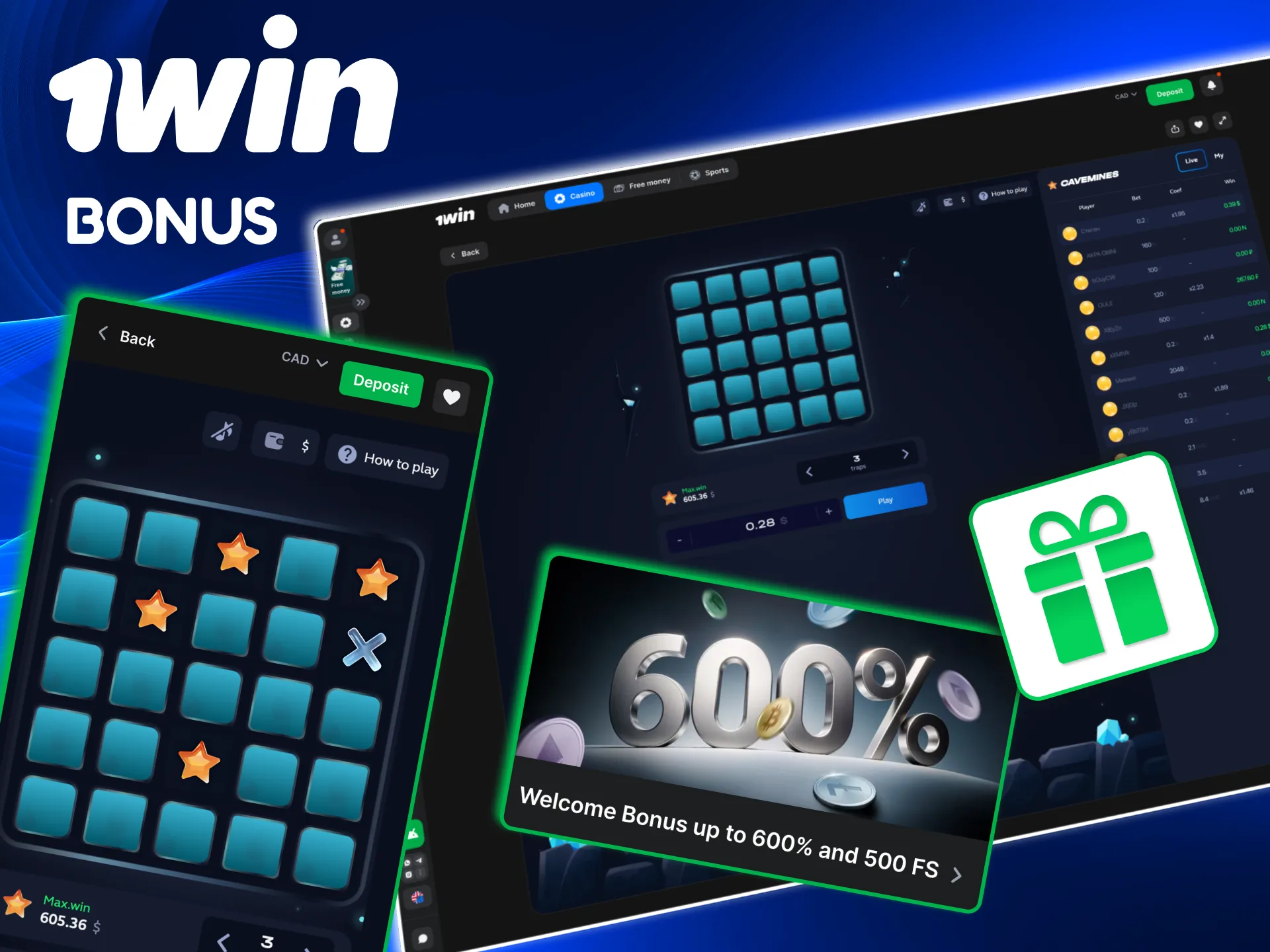 Canadian players can apply 1win welcome bonuses to Mines gameplay.