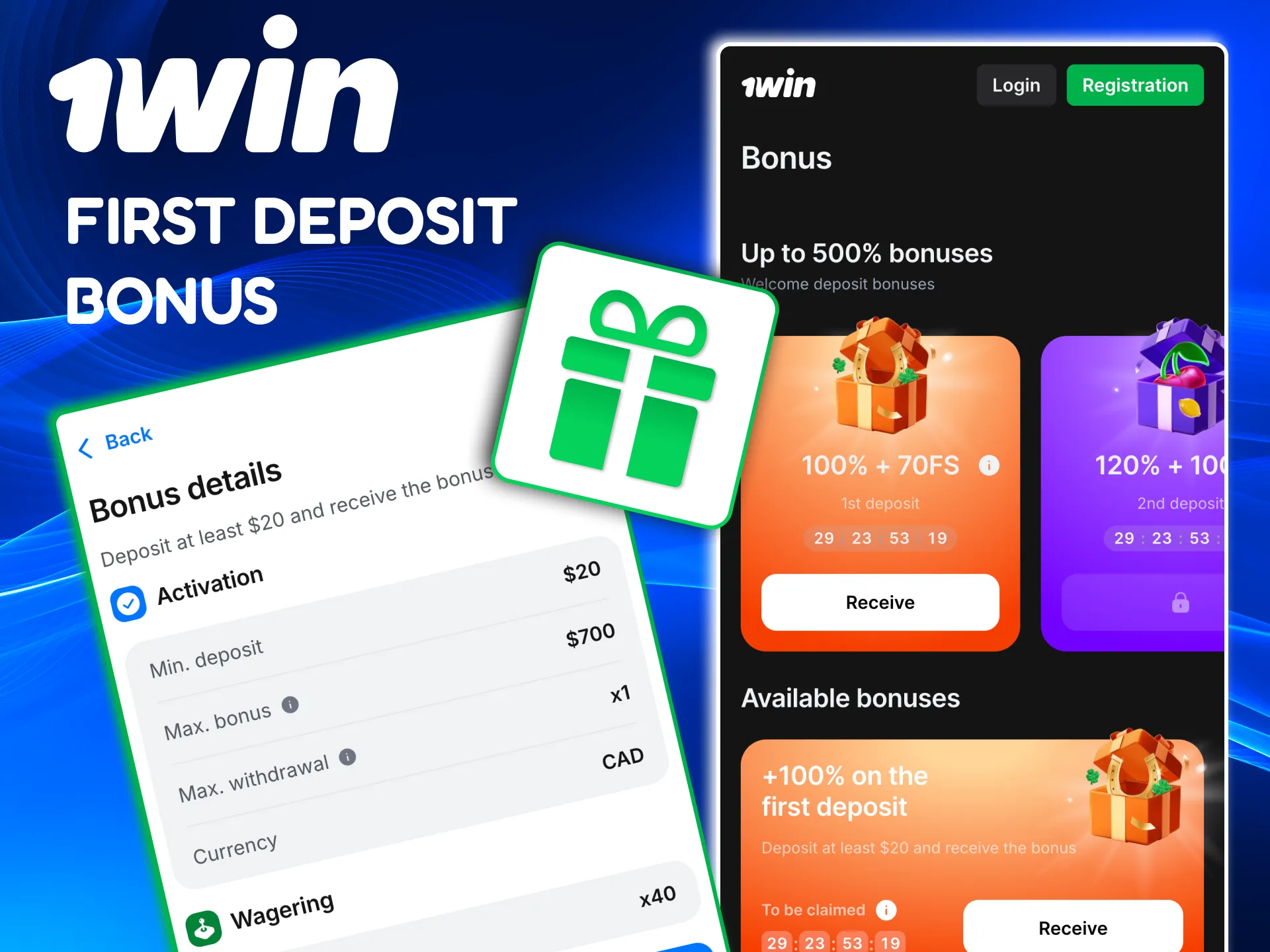 1win first deposit promotion for Canada with matched bonus funds.